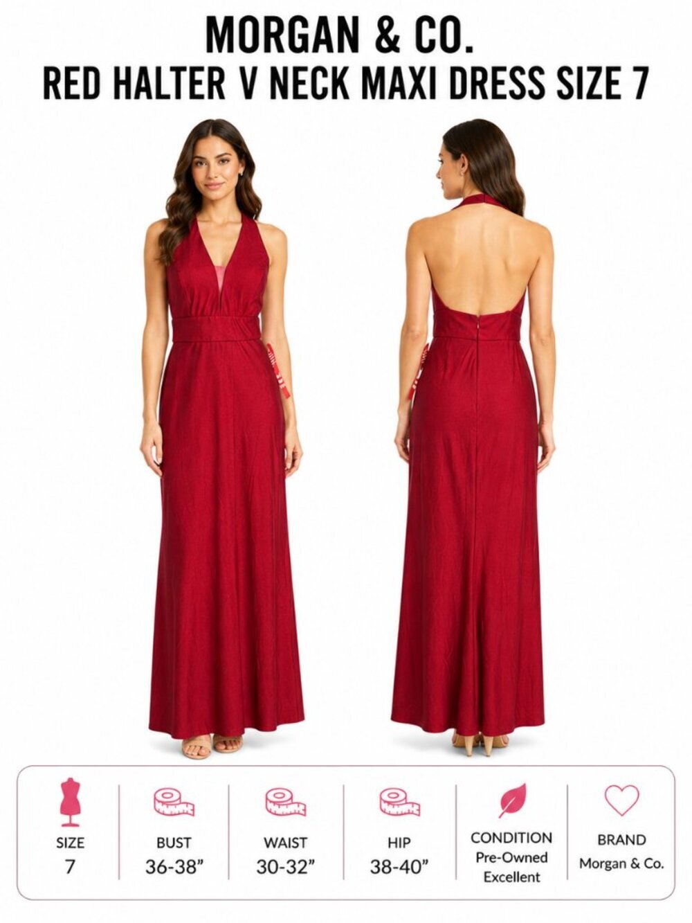 MORGAN & CO RED HALTER V-NECK MAXI GOWN SIZE 7